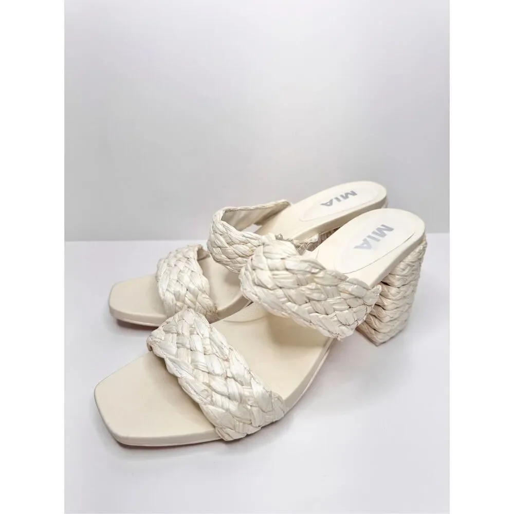 MIA Raffia Sandals Womens Size 10 Cream Double‎ Strap Block Heel